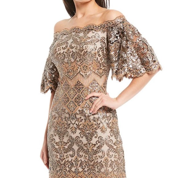 Tadashi Shoji off-the-Shoulder Flutter Sleeve Sequin Lace Scalloped Hem Gown - Picture 3 of 7